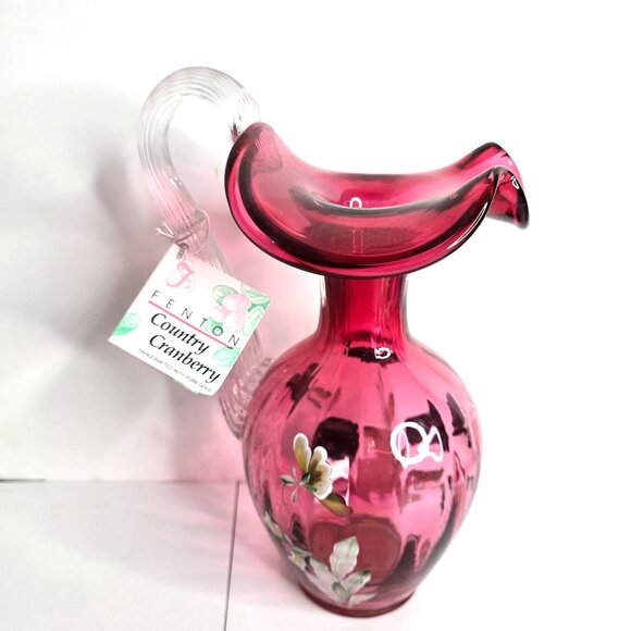 Fenton Country Cranberry Art Glass Pitcher Signed by Artist Jo Reynolds